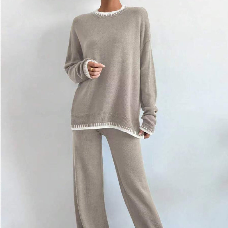 Women's Contrast Color Knitted Sweater Trousers Two-piece Set