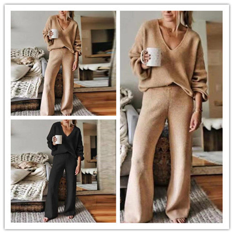 Spring Autumn Women's Leisure Suit Set Black Brown Cotton Polyester Wide Leg Pants