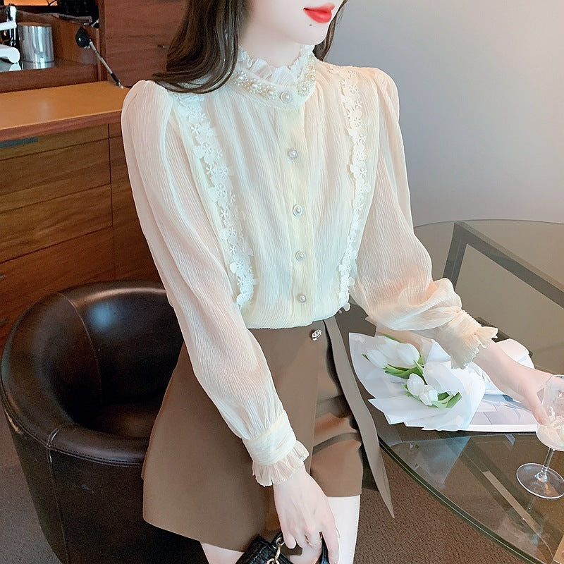 Apricot Pearl Lace Pleated Long Sleeve Shirt with Stand-Up Collar
