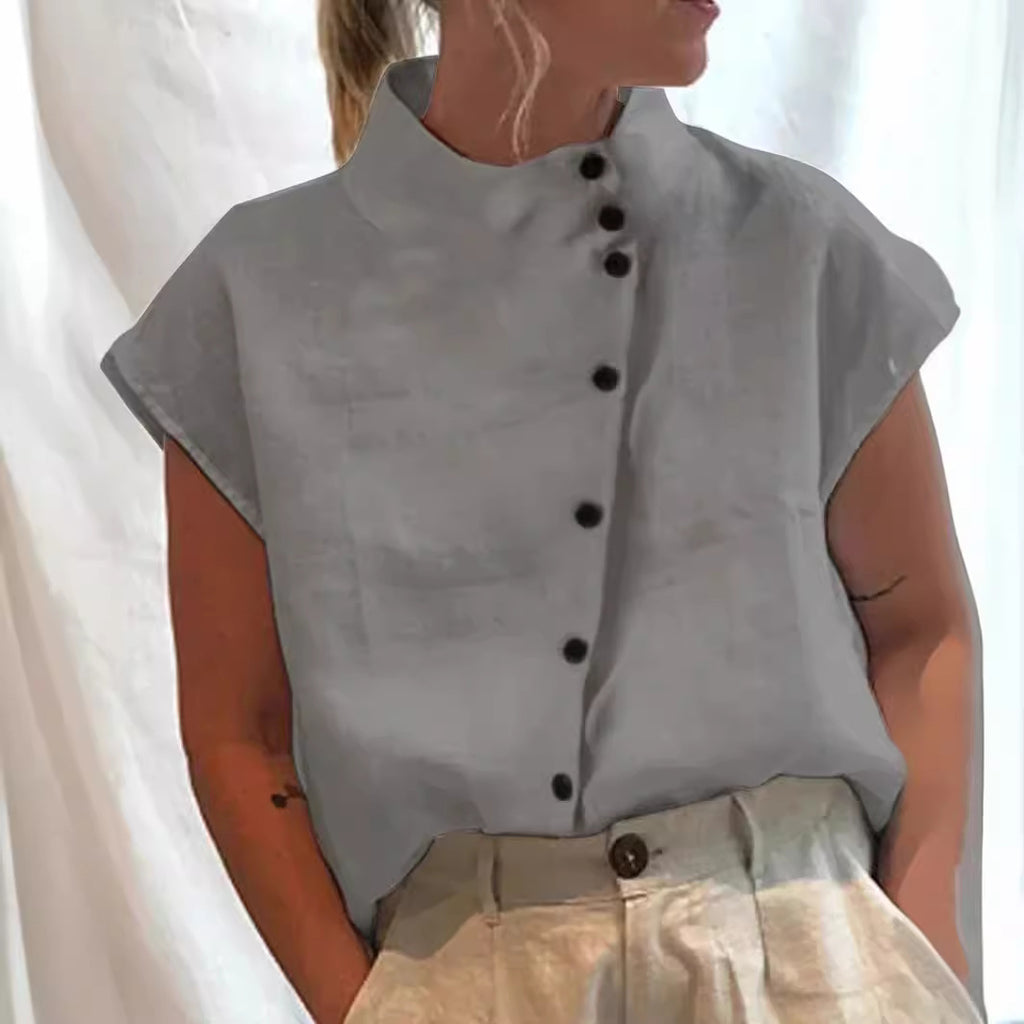 Chemise décontractée en coton et lin pour femme, col montant, coupe ample