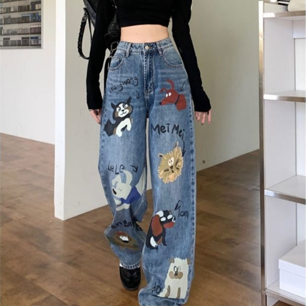 Jean taille haute en jean bleu avec graffitis style rétro américain pour femmes