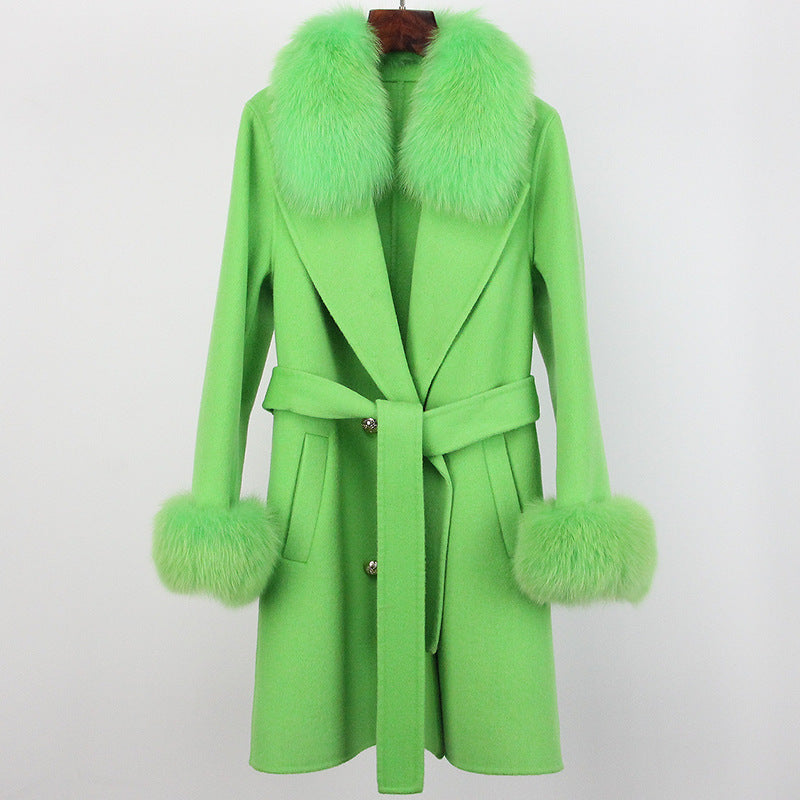 Double-Faced Wool Overcoat Long Slim Fit with Fox Fur Collar