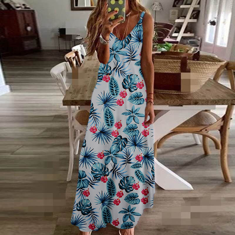Women's Mid-Length Flower Print Suspender Dress