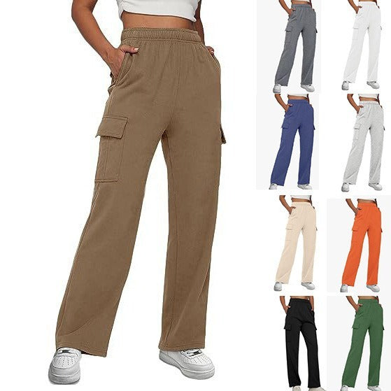 Women's High Waist Pocket Overalls Casual Pants Polyester