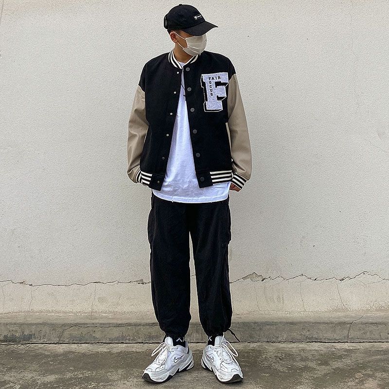 Hip-Hop Print Loose Hooded Jacket with Stitching Detail