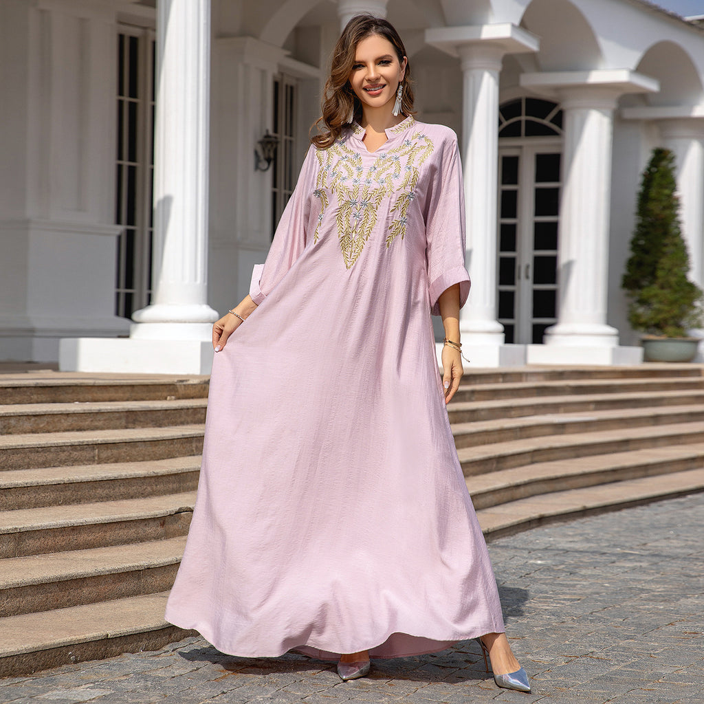 Robe longue brodée rose et blanc pour femmes musulmanes, tailles M-XXL