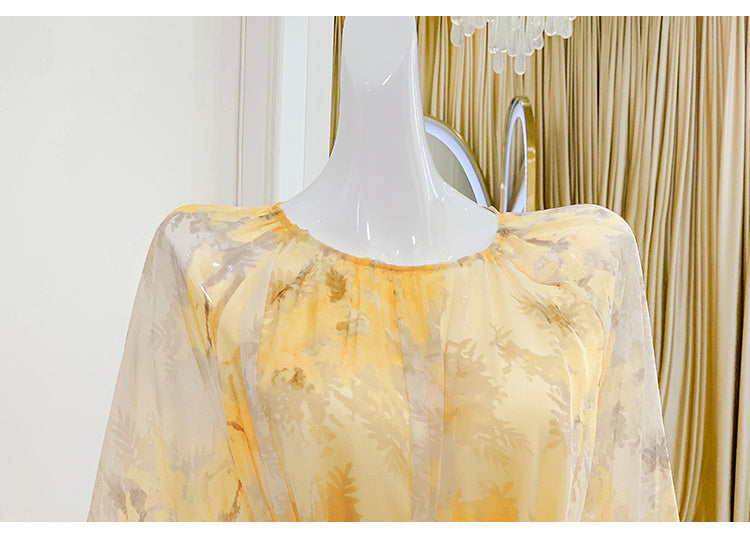 Women's Floral Chiffon Dress with Round Neck, One Size