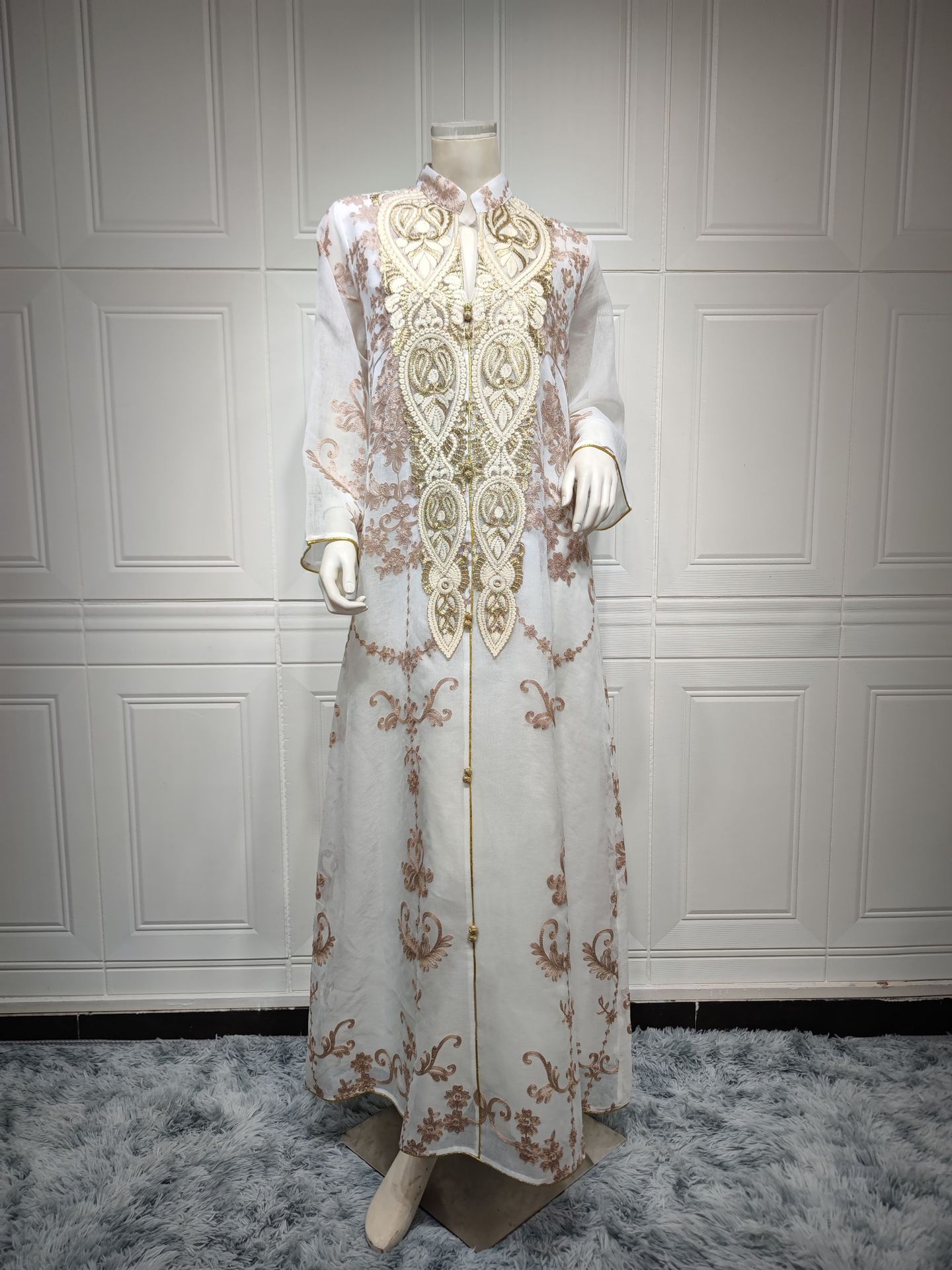 Arabian Women's Casual Embroidered Dress in White, Blue & Apricot