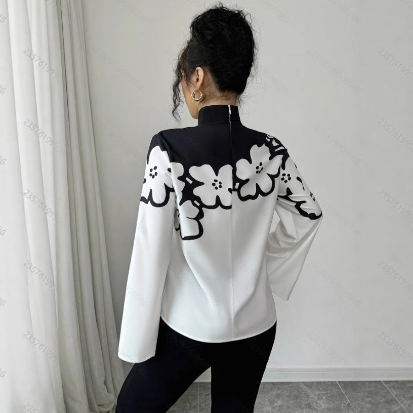 Women's Elegant Commuter Loose Floral Print Long Sleeve Stand Collar Shirt