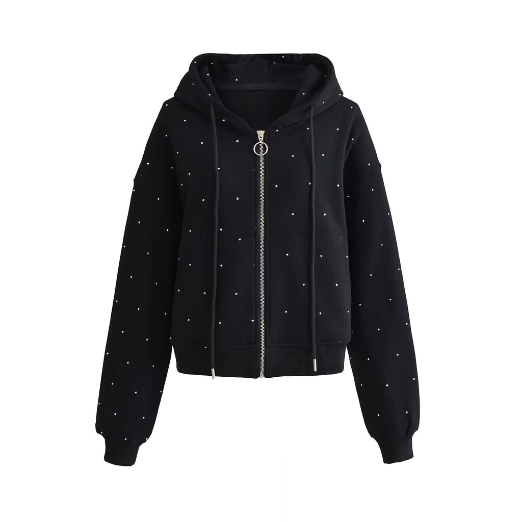 Gilet Cardigan Femme à Capuche avec Strass Étoilés et Cordons de Serrage