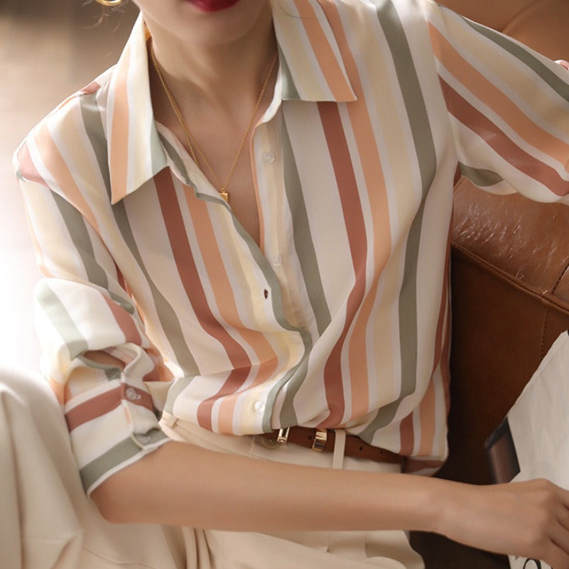 Women's Striped Long Sleeve Shirt Top Polyester S-3XL