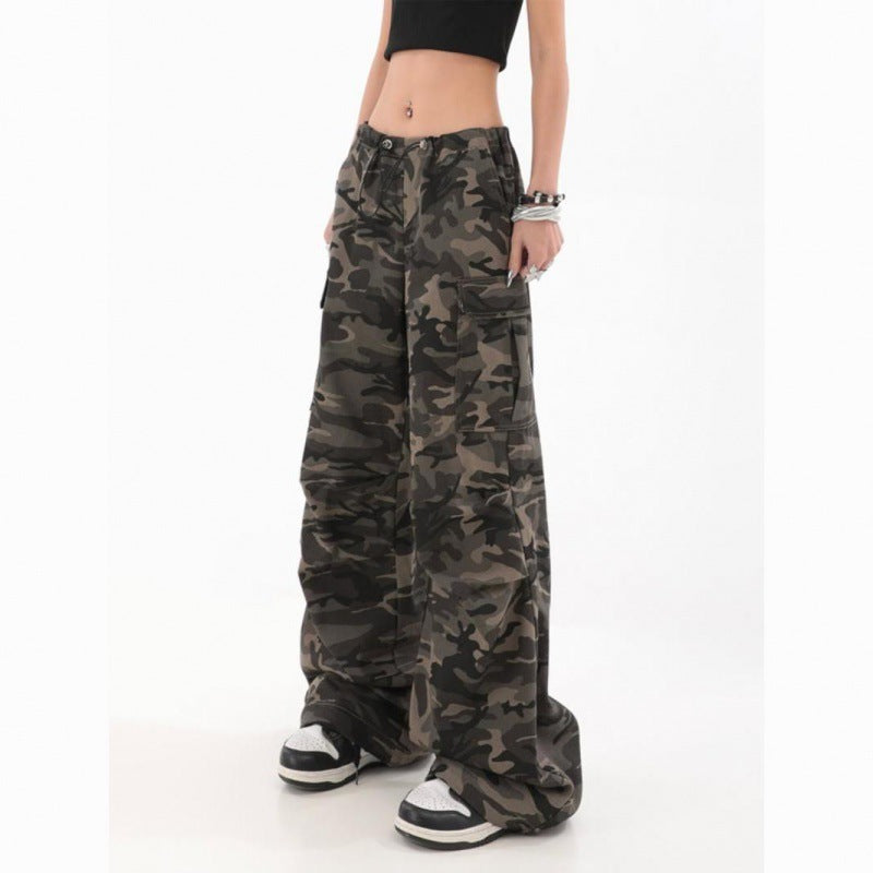 American Retro Women's Camouflage Denim Cargo Pants Summer Loose High Waist