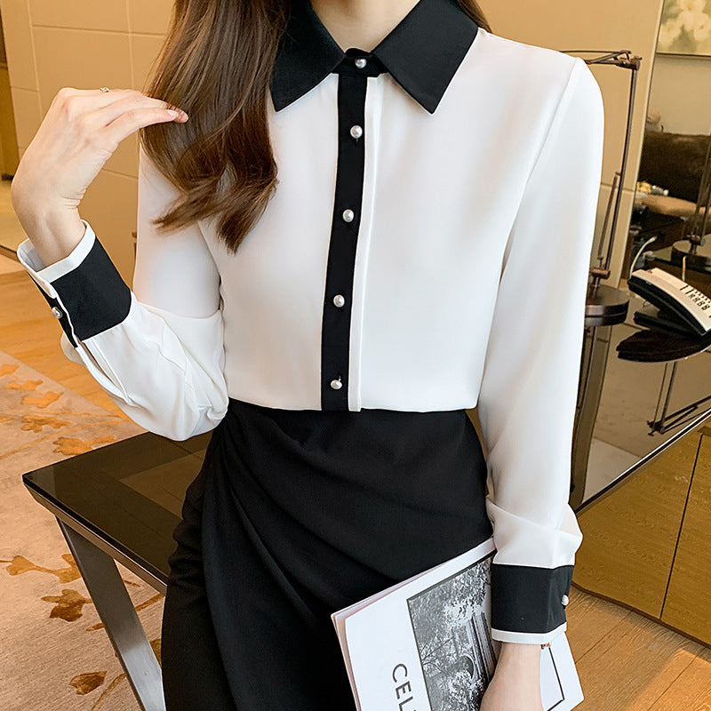 Contrast Color Single Row Pearl Buckle Long Sleeve Cardigan Shirt