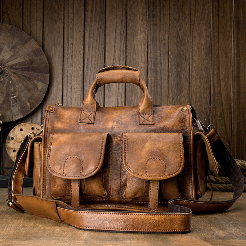 Men's Brown Top Layer Cowhide Leather Crossbody Shoulder Bag