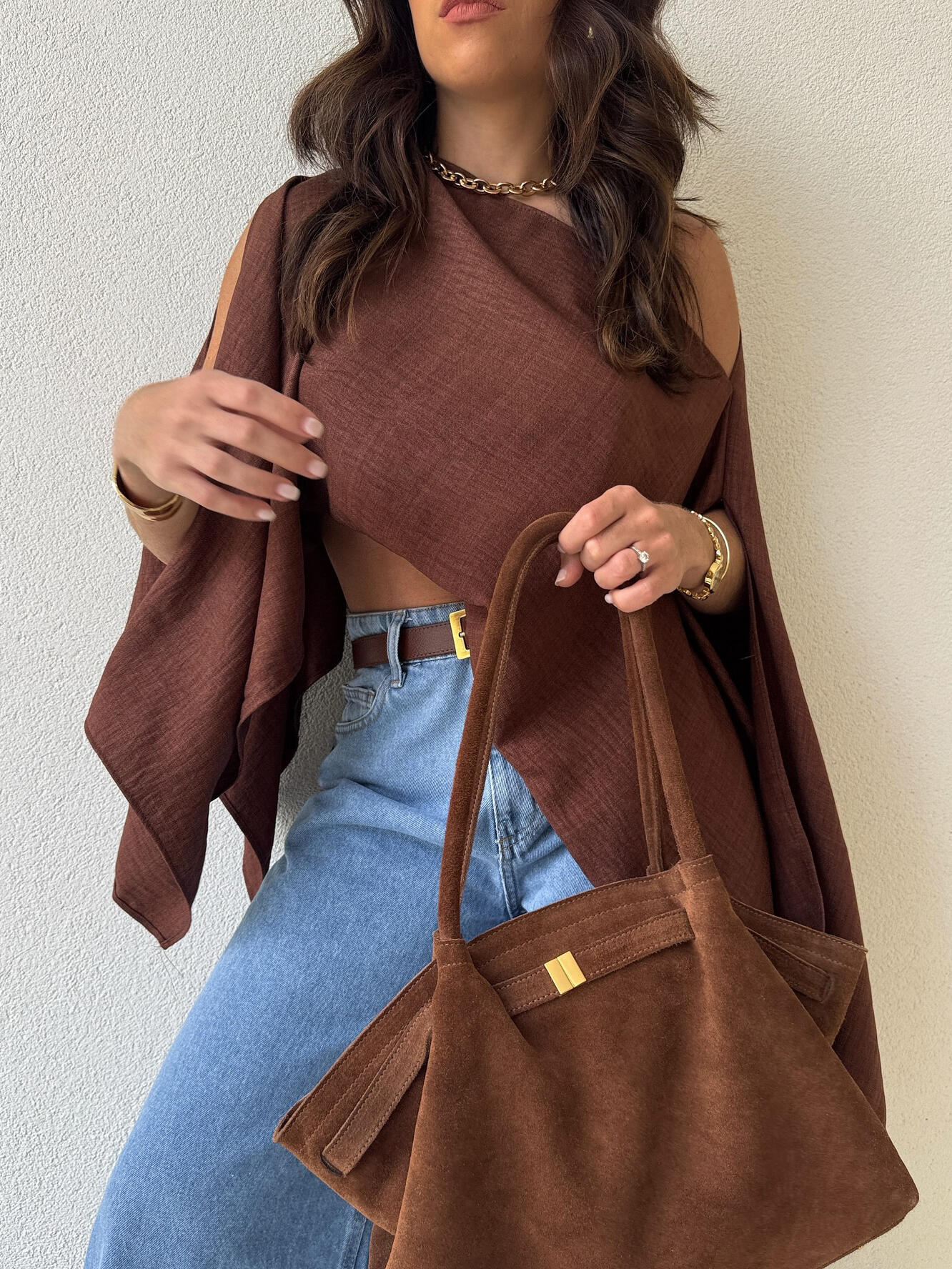 Brown Off Shoulder Loose Fit Crop Top