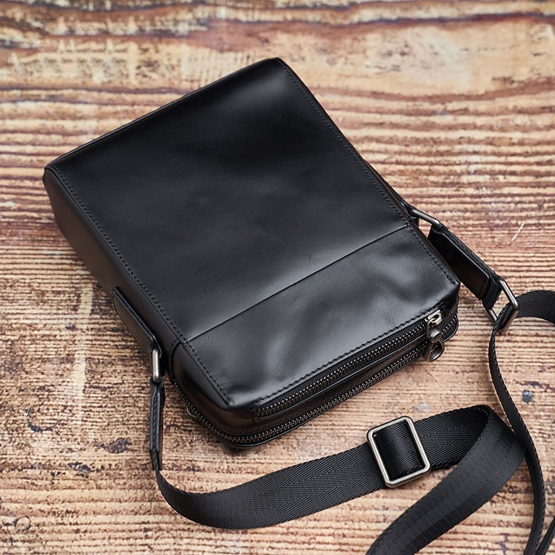 Handmade Men's Black Cowhide Leather Shoulder Bag with Zipper