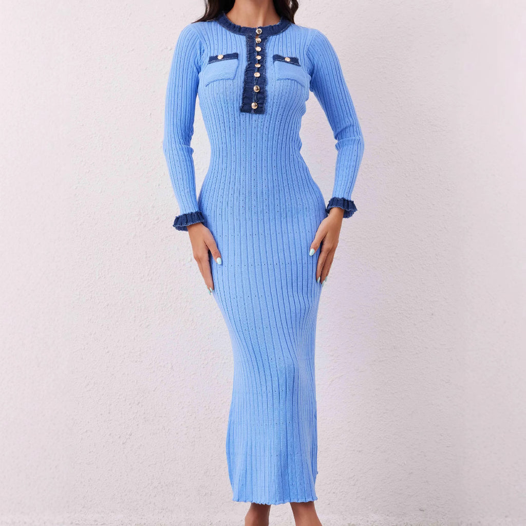 Robe mi-longue élégante en maille taille haute et coupe ajustée