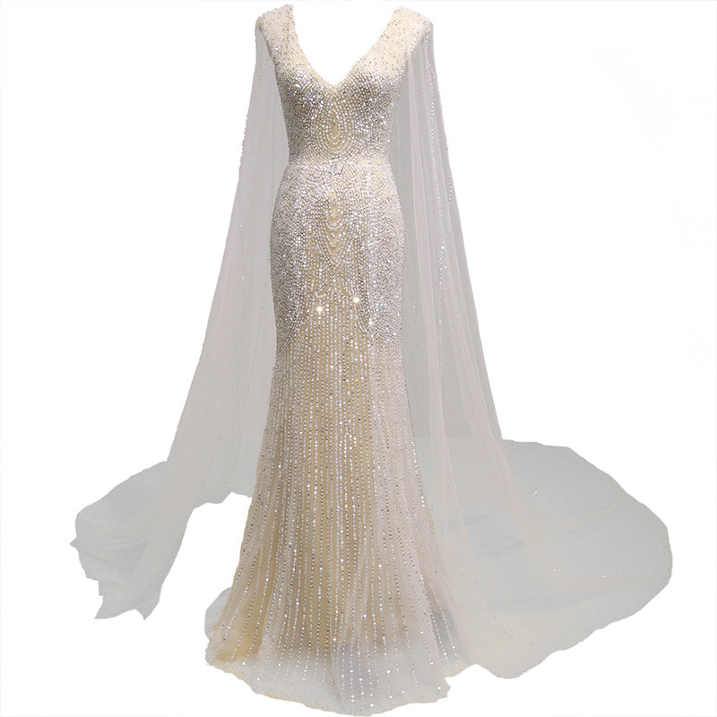 Robe de Soirée en Maille Champagne Personnalisée pour Femme avec Perles Clous