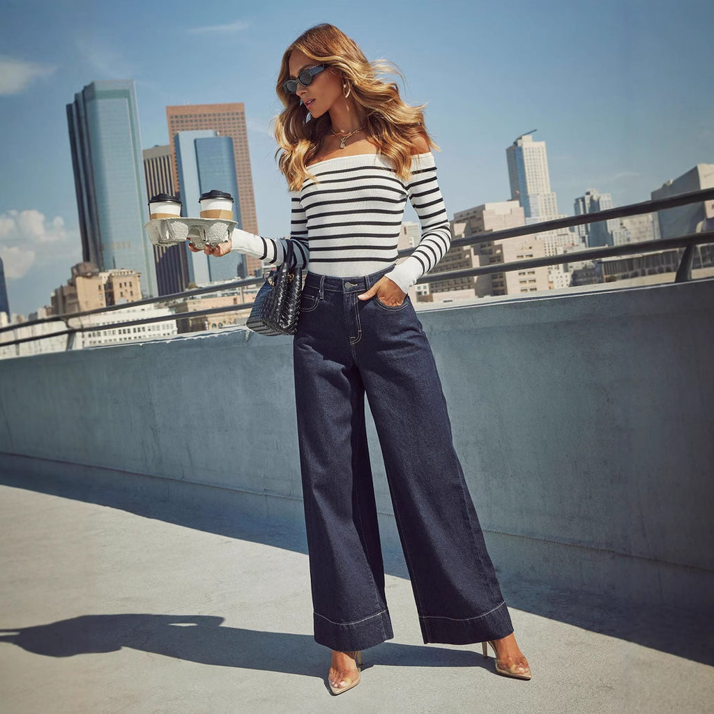 High Waist Dark Blue Wide Leg Jeans for Women