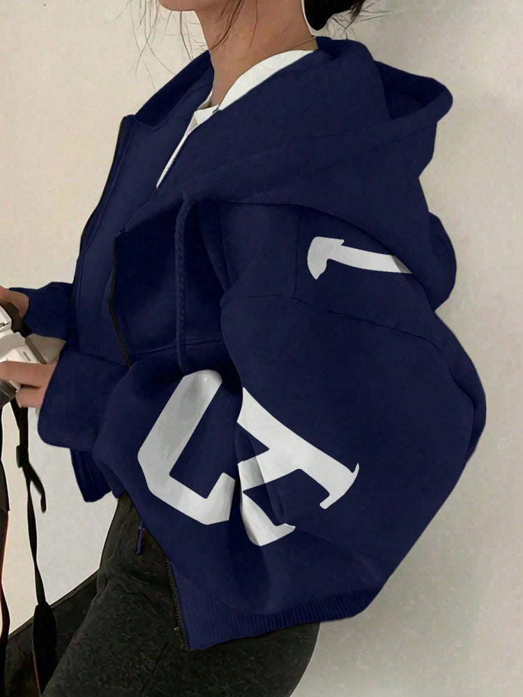 Sweat-shirt décontracté zippé à manches longues pour femme avec motif imprimé