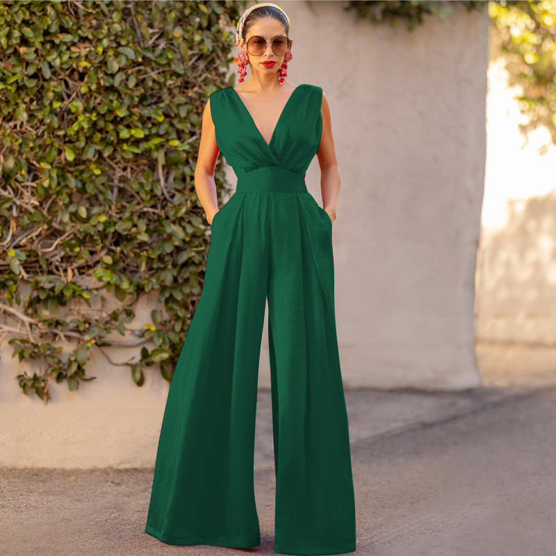 Combinaison unie col en V taille haute jambes larges