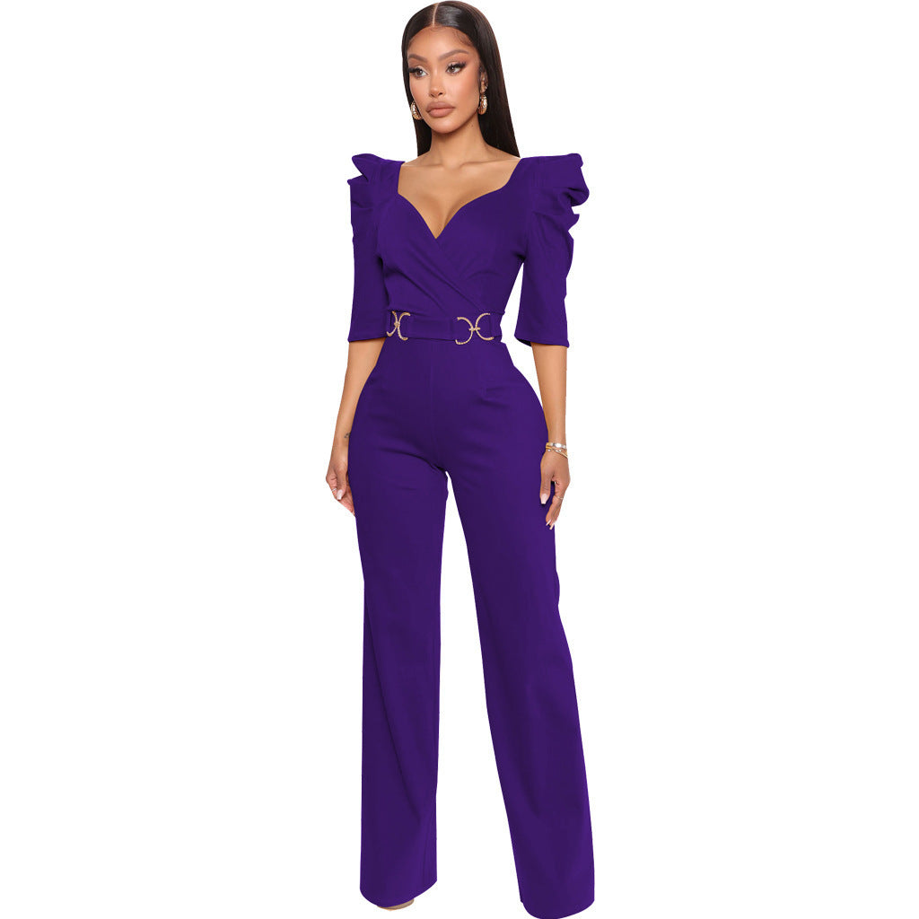 Long Sleeve V-Neck Wide Leg Sexy Jumpsuit