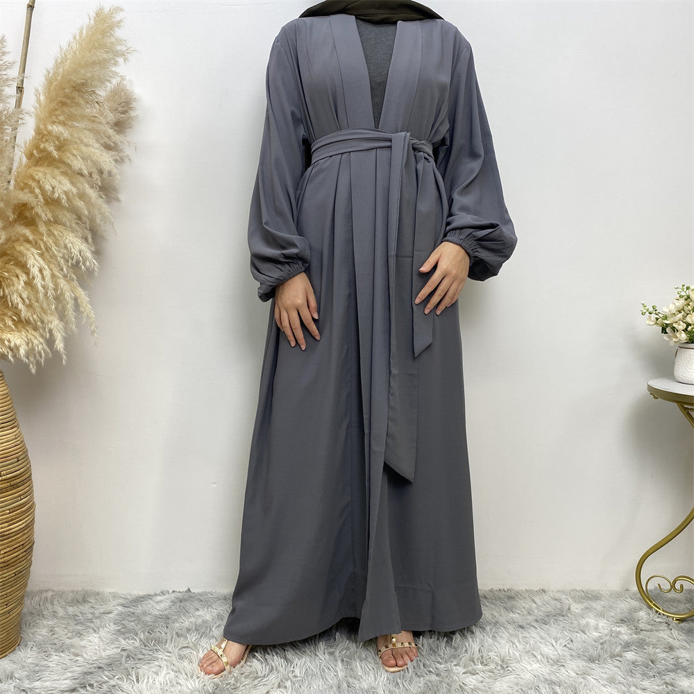 Lace-Up Cardigan Robe with Cuffs & Pockets for Middle Eastern Women