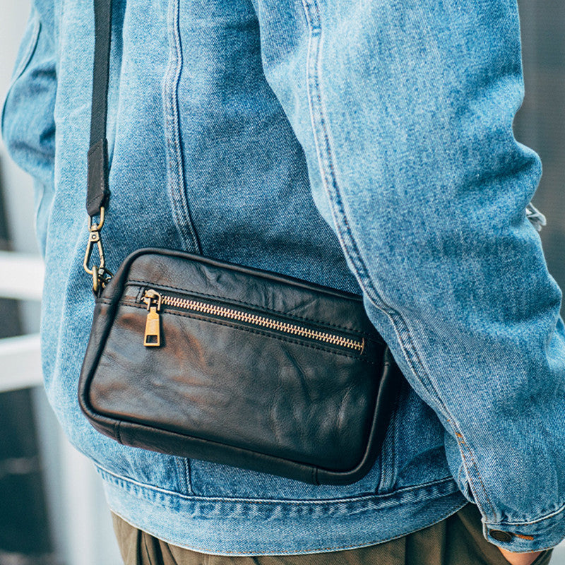 Handmade Genuine Leather Crossbody Bag for Young Men, 20x15x6cm, Yellow/Black/Coffee