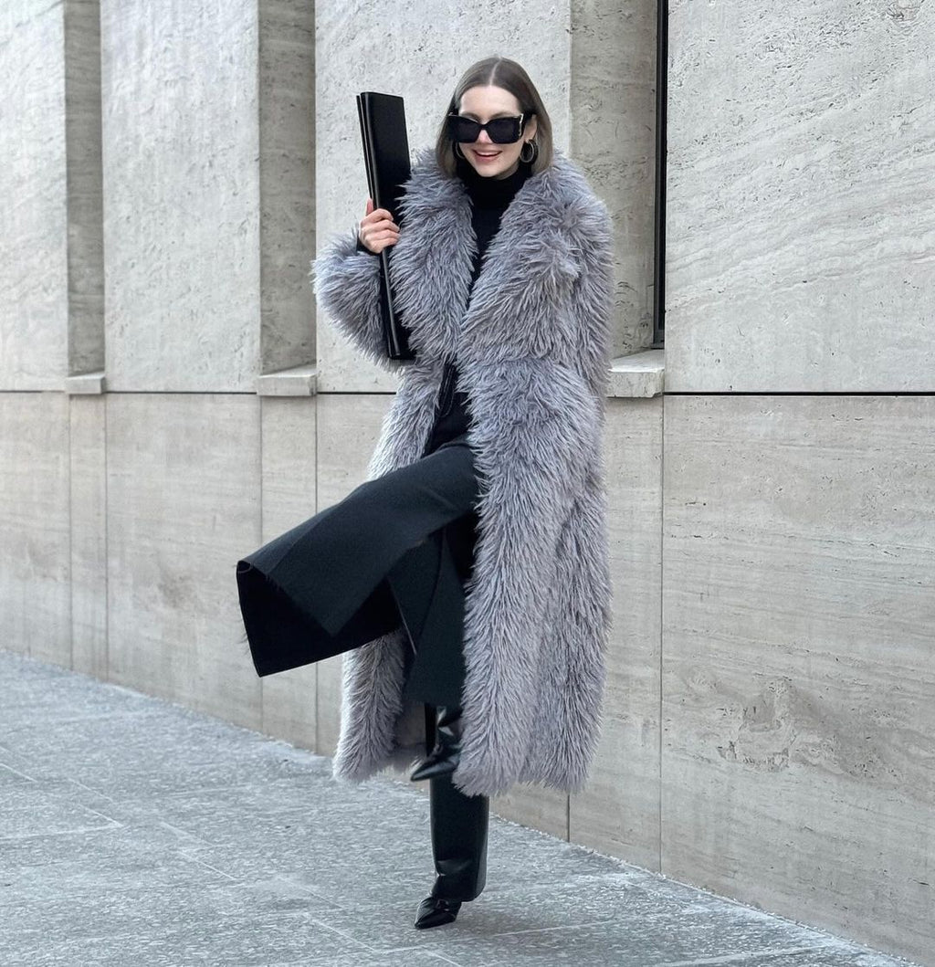 Gray Lapel Plush Coat Warm Thickened Fleece-Lined