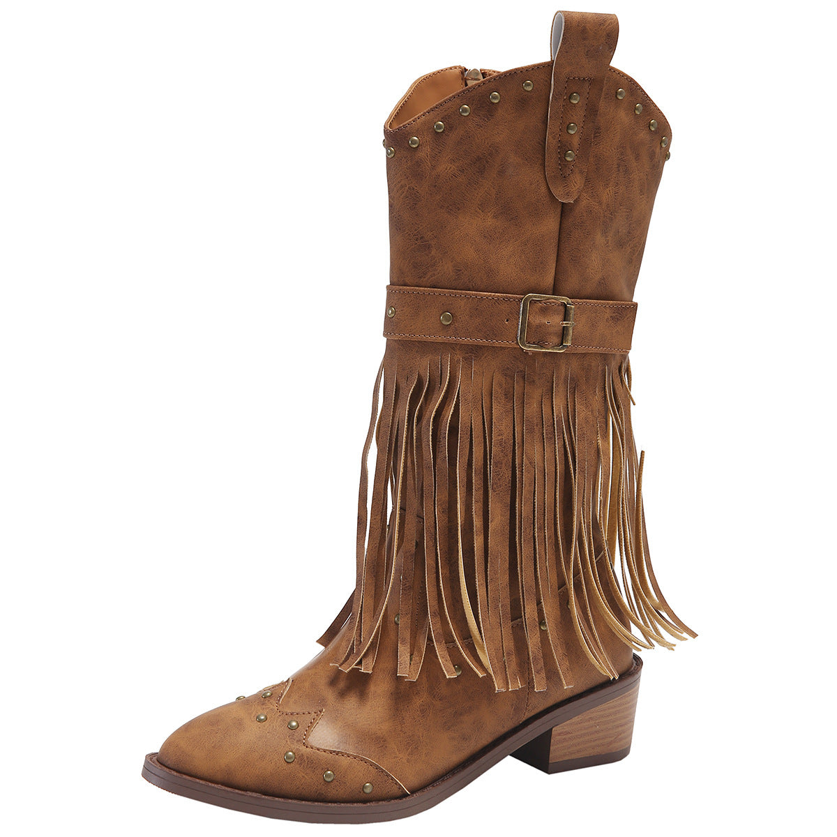 Retro Mid-Calf Women’s Winter Boots with Tassel, Rivet Strap, Buckle & Square Heel