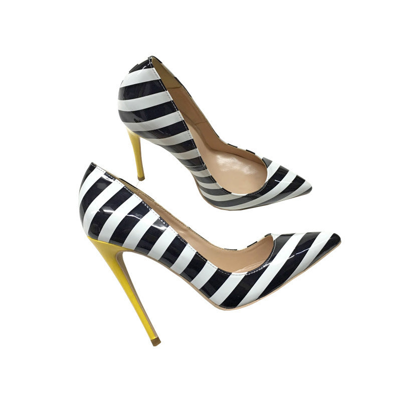 Striped Black & White 12CM Pointed Toe Stiletto High Heels for Women