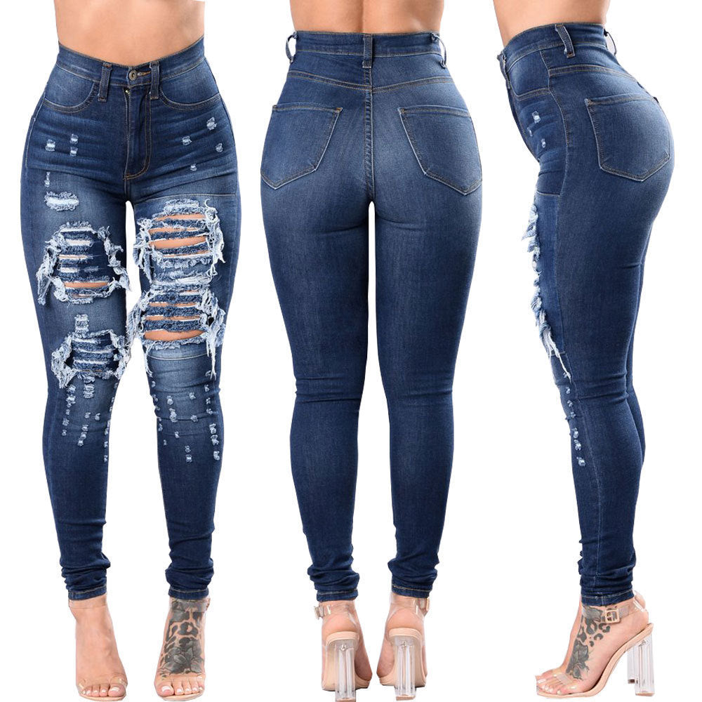 Pantalon en jean bleu délavé déchiré pour femme