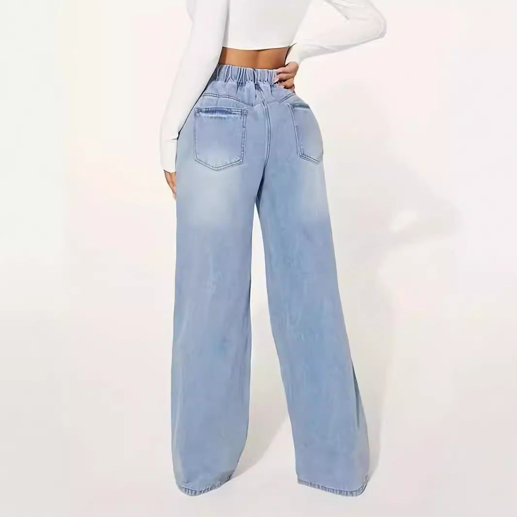 High Waist Light Blue Wide Leg Drawstring Jeans