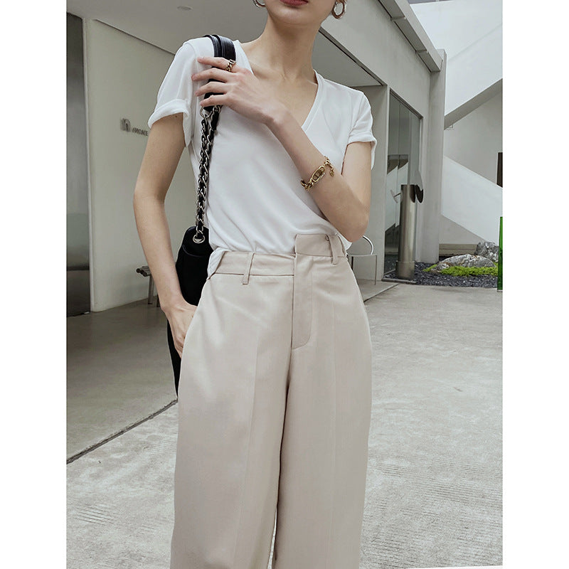 Pantalon tailleur femme ample à taille irrégulière printemps - Abricot et Bleu Brume