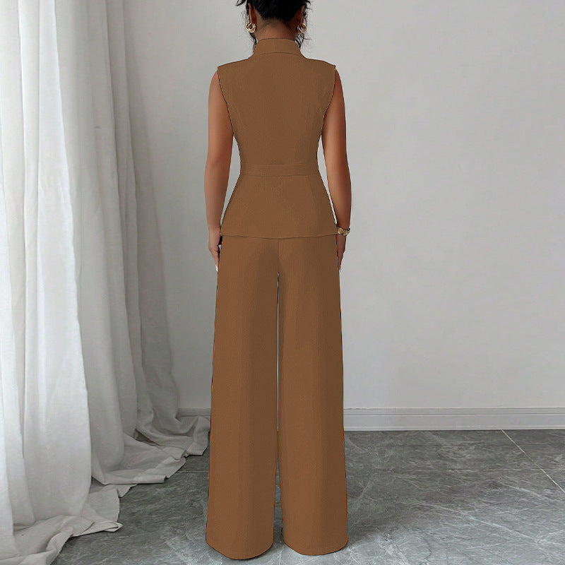 Solid Color Vest and Straight-Leg Trousers Suit for Women