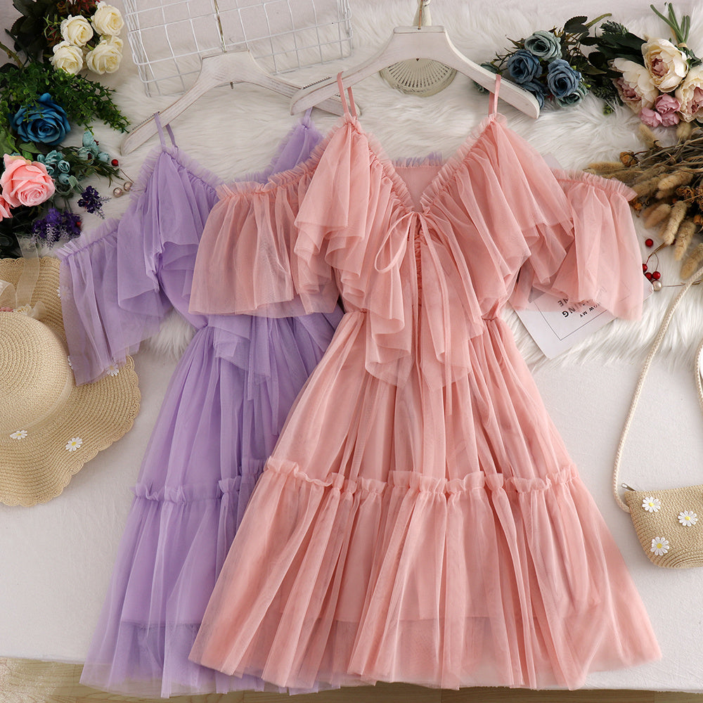 Robe en résille à volants et bretelles dénudant les épaules, multicolore, taille unique