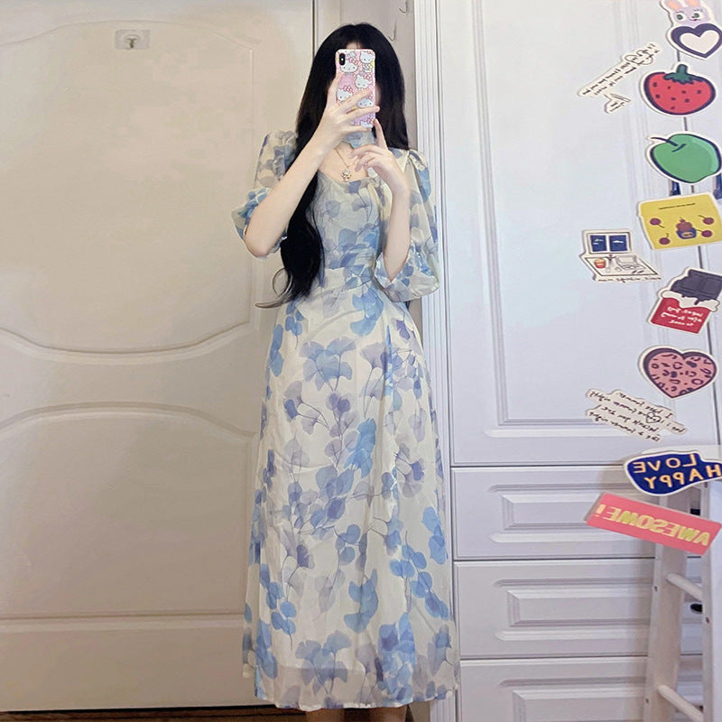 Women's Blue Floral Chiffon Dress with Round Neck, Sizes S-XL