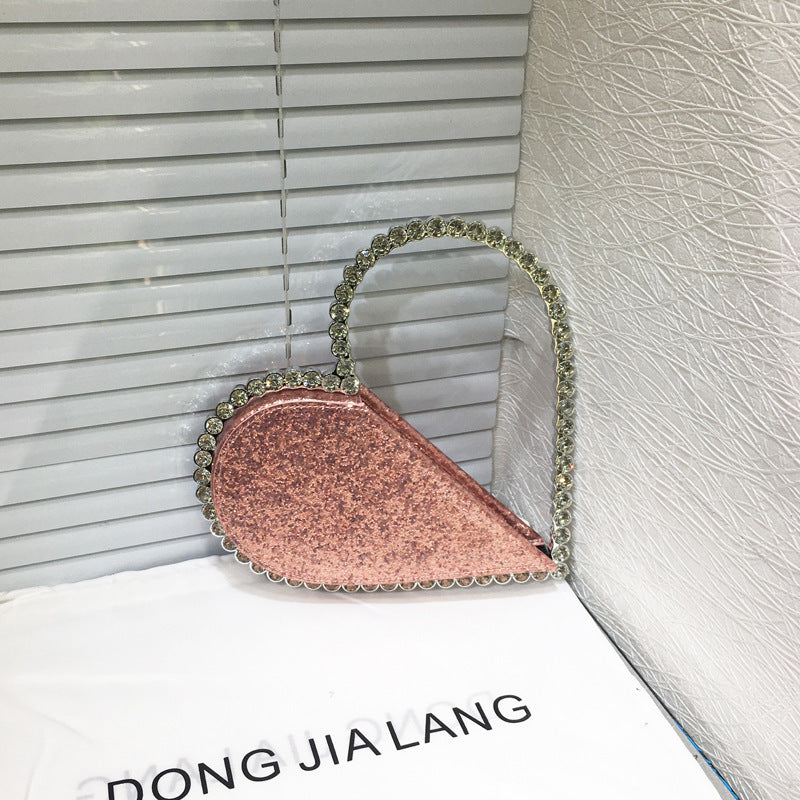 Personalized Diamond-Embedded Heart-Shaped Handbag 26x20cm in Pink, Champagne, Gold & Silver