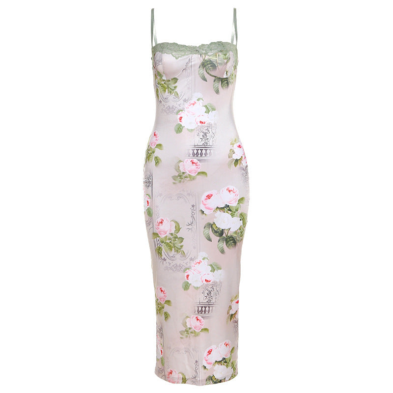 Summer Women's Green Lace Stitching Slim Dress with Floral Print