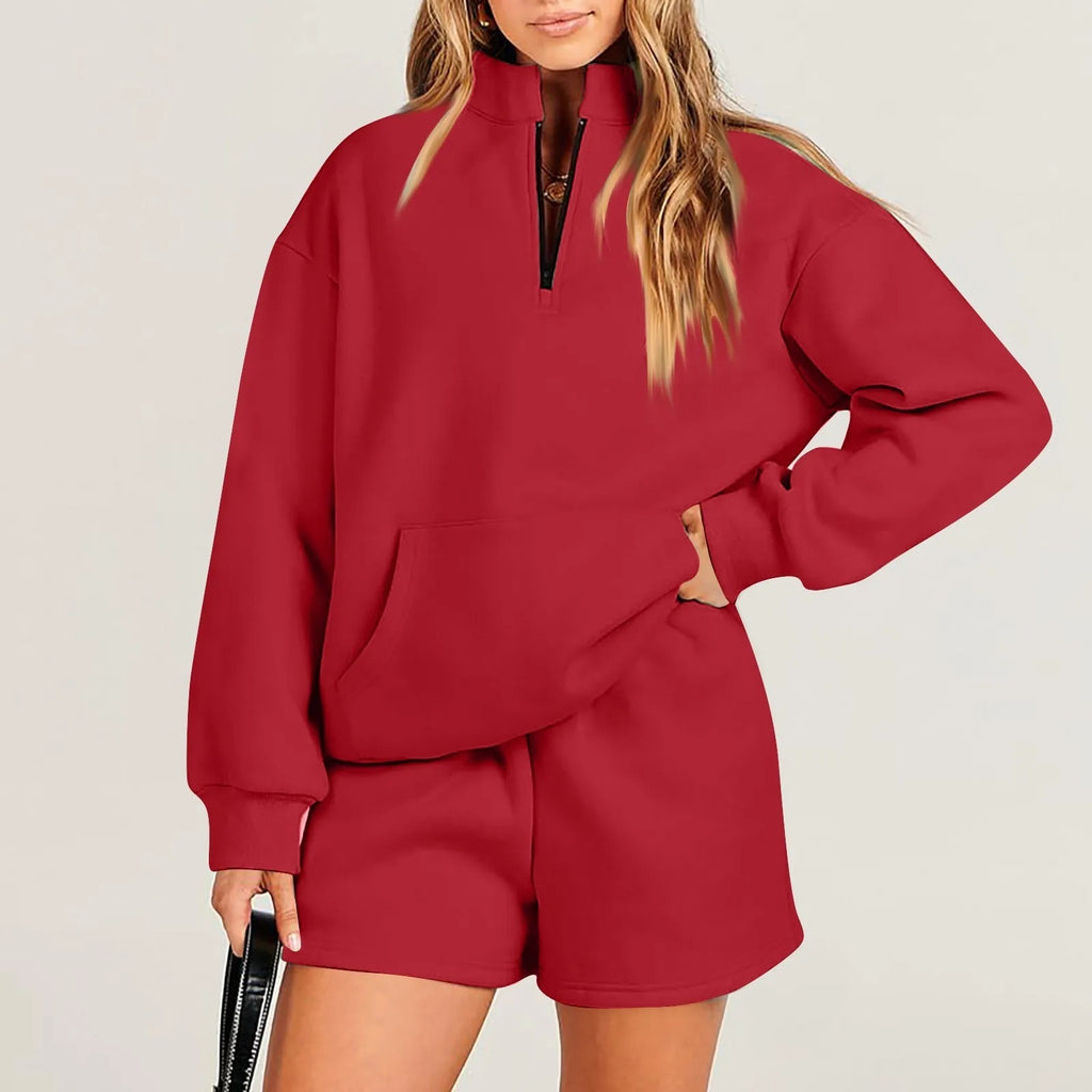 Women's Solid Color Stand Collar Half Zip Pullover & Shorts Set
