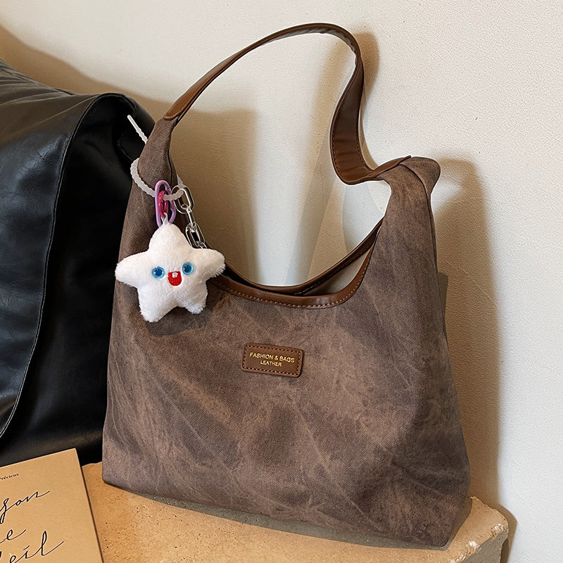 Sac cabas demi-lune en jean et toile avec fermeture éclair