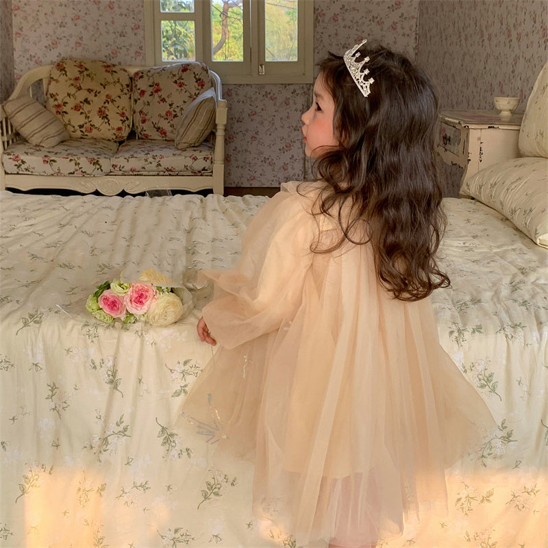 Girls Champagne Mesh Lantern Sleeve Casual Princess Dress