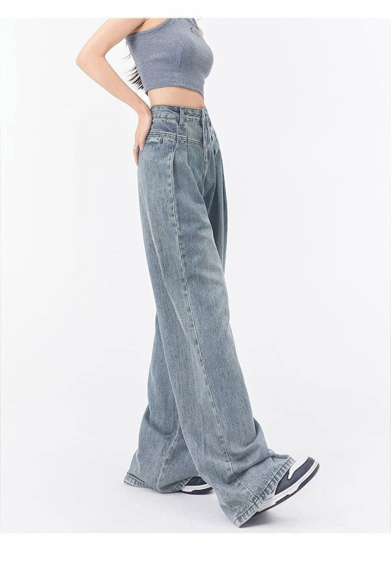 High Waist Pleated Wide Leg Loose Cotton Denim Jeans for Women