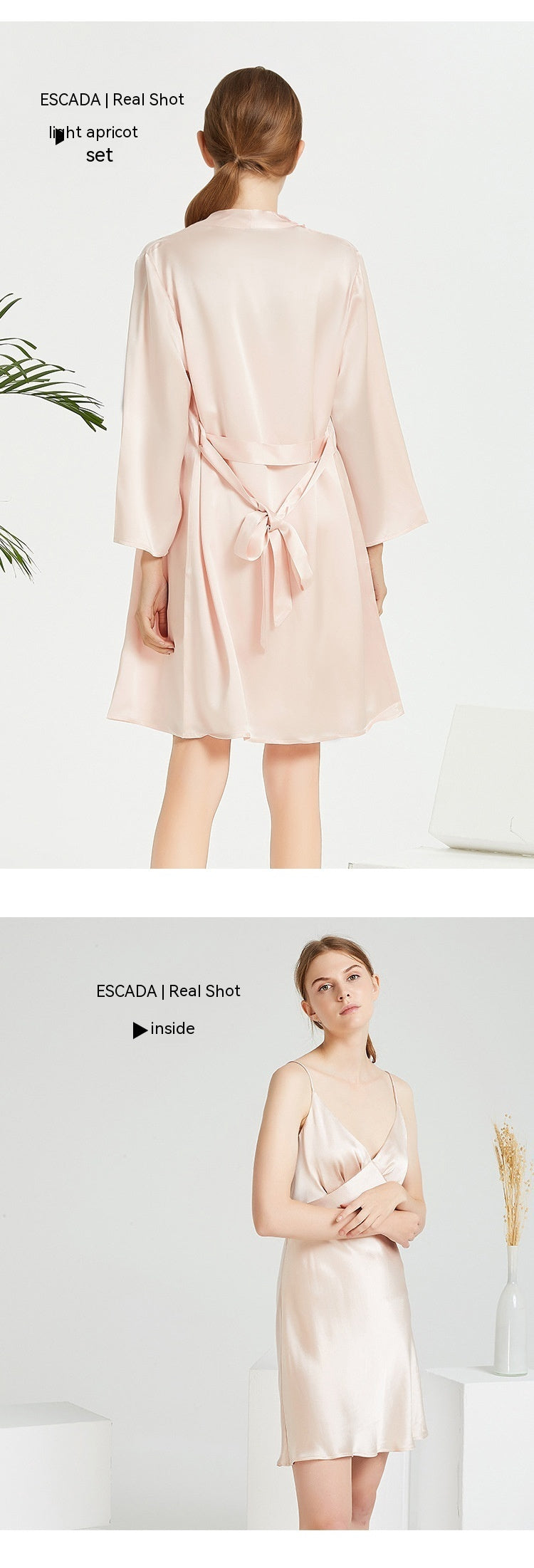 Silk Camisole Nightdress Two-Piece Set Light Apricot Pink M-XL