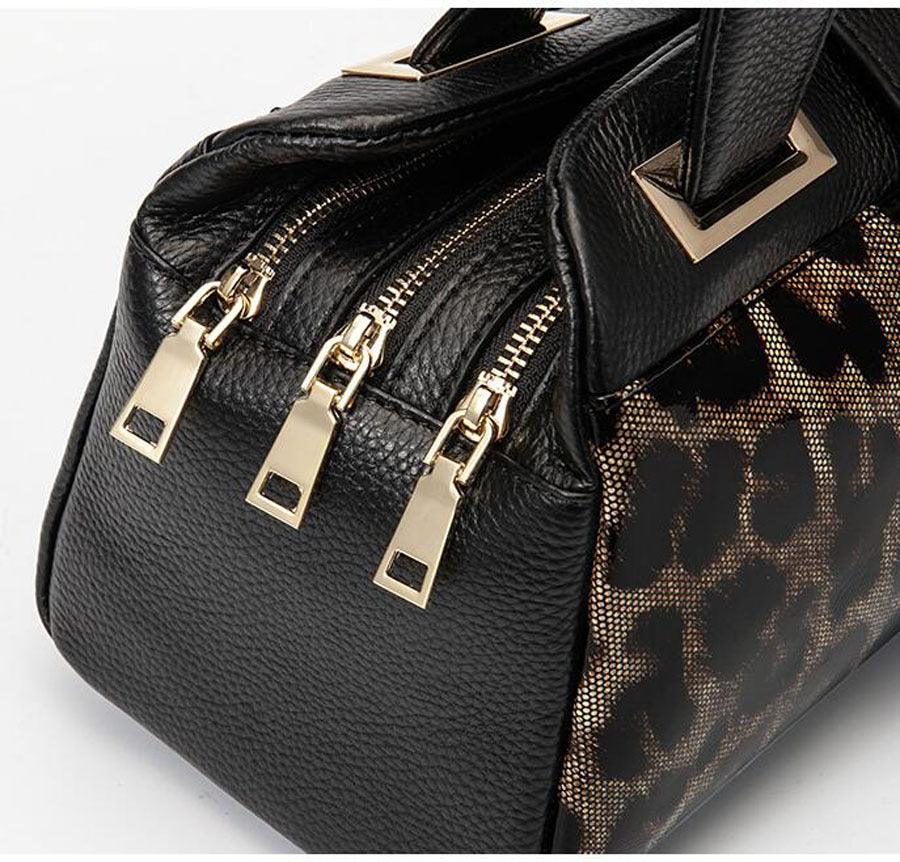 Large-Capacity Cowhide Leopard Print One-Shoulder Messenger Bag for Women
