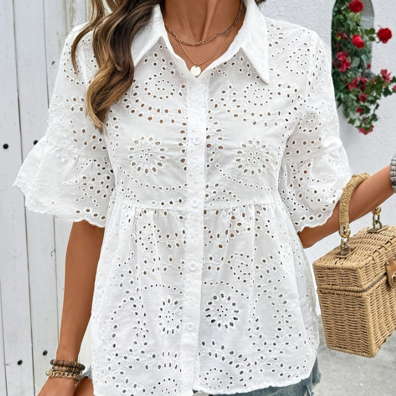 Women's White Floral Embroidered Single-Breasted Frill Sleeve Casual Top