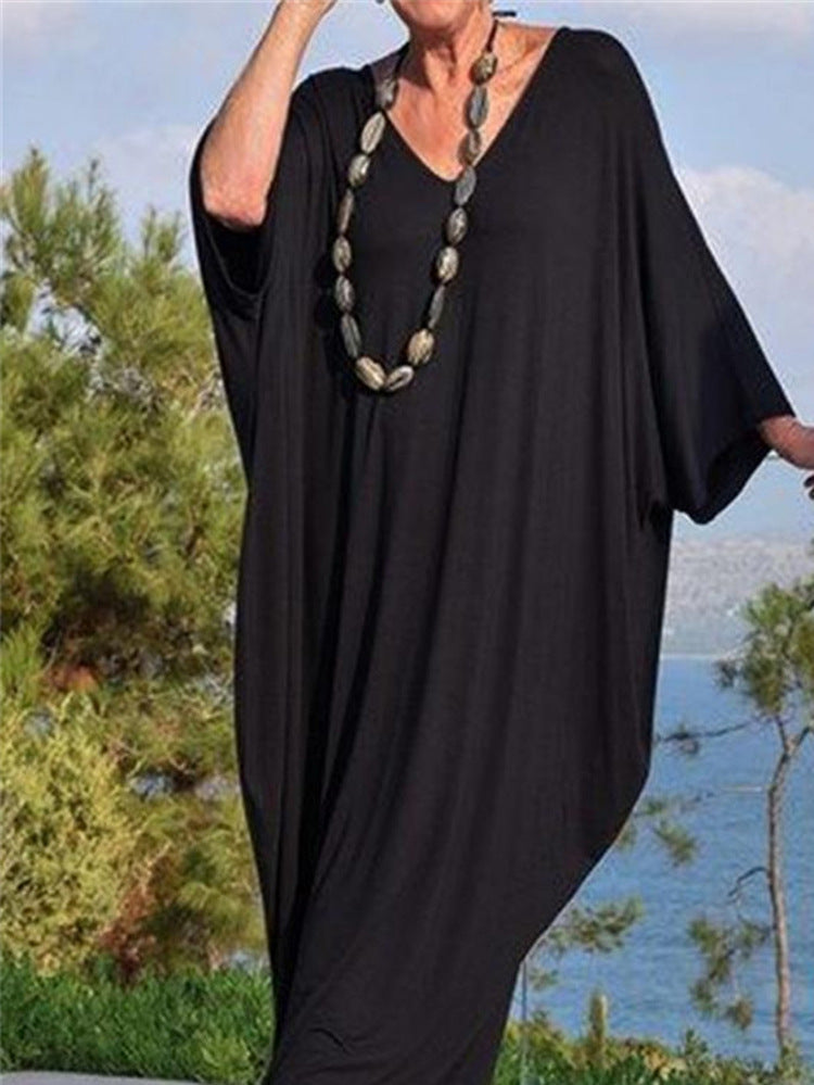 فستان صيفي كاجوال أسود بقصة فضفاضة من البوليستر S-XXL