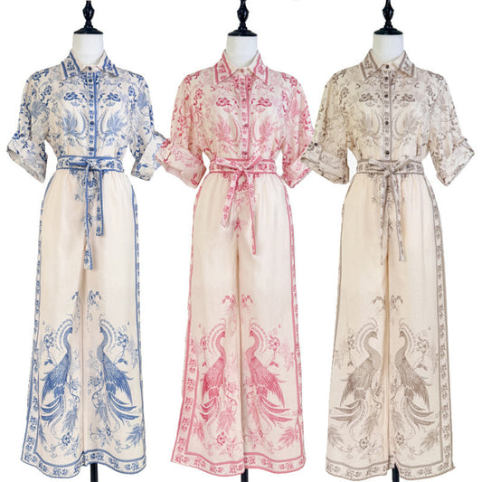 Costume australien à imprimés de niche, chemise à revers et manches retroussées, pantalon à jambes larges