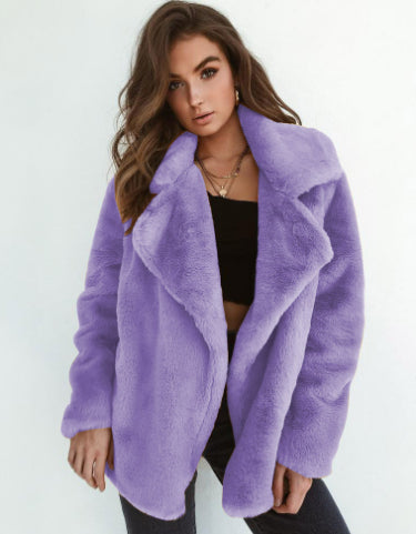 Plush Lapel Woolen Coat for Women - Casual Loose Fit