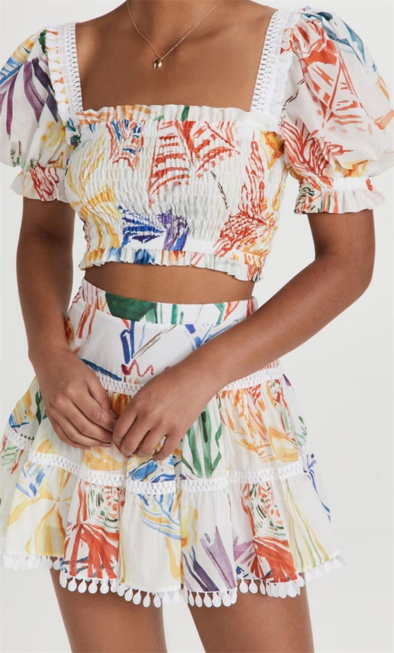 Women's Printed Square Neck Puff Sleeves High Waist Slim Top Skirt Set